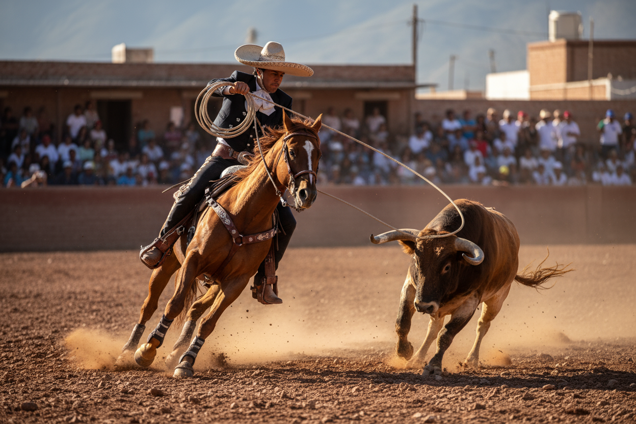una vaquero montado caballo corriendo con el caballo y lazando un toro bravo y que se vea  las bptas que usa al hacer esa actividad